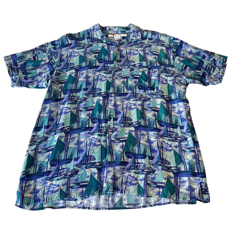 Vintage 90s MCMXC Evolution Sailboat Print Nautical Dad Shirt Blue button down L